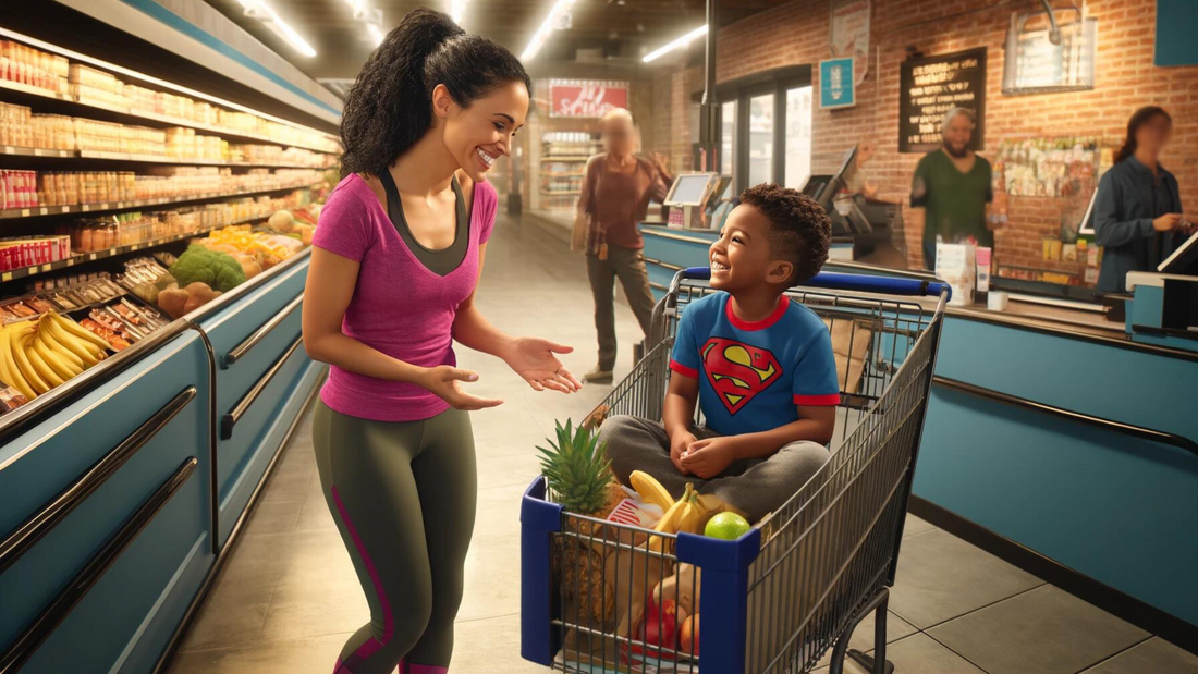 Young Hispanic mom and son in grocery store looking surprised and grateful after cashier told them a previous customer paid for their groceries. 